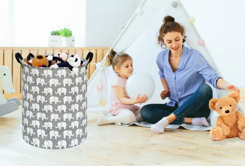 KUNRO Round Laundry Gift Basket Storage Hamper, Clothes Storage Organizer Bins, Shelf Basket with Handles for Room Decor (Elephant) - Image 4